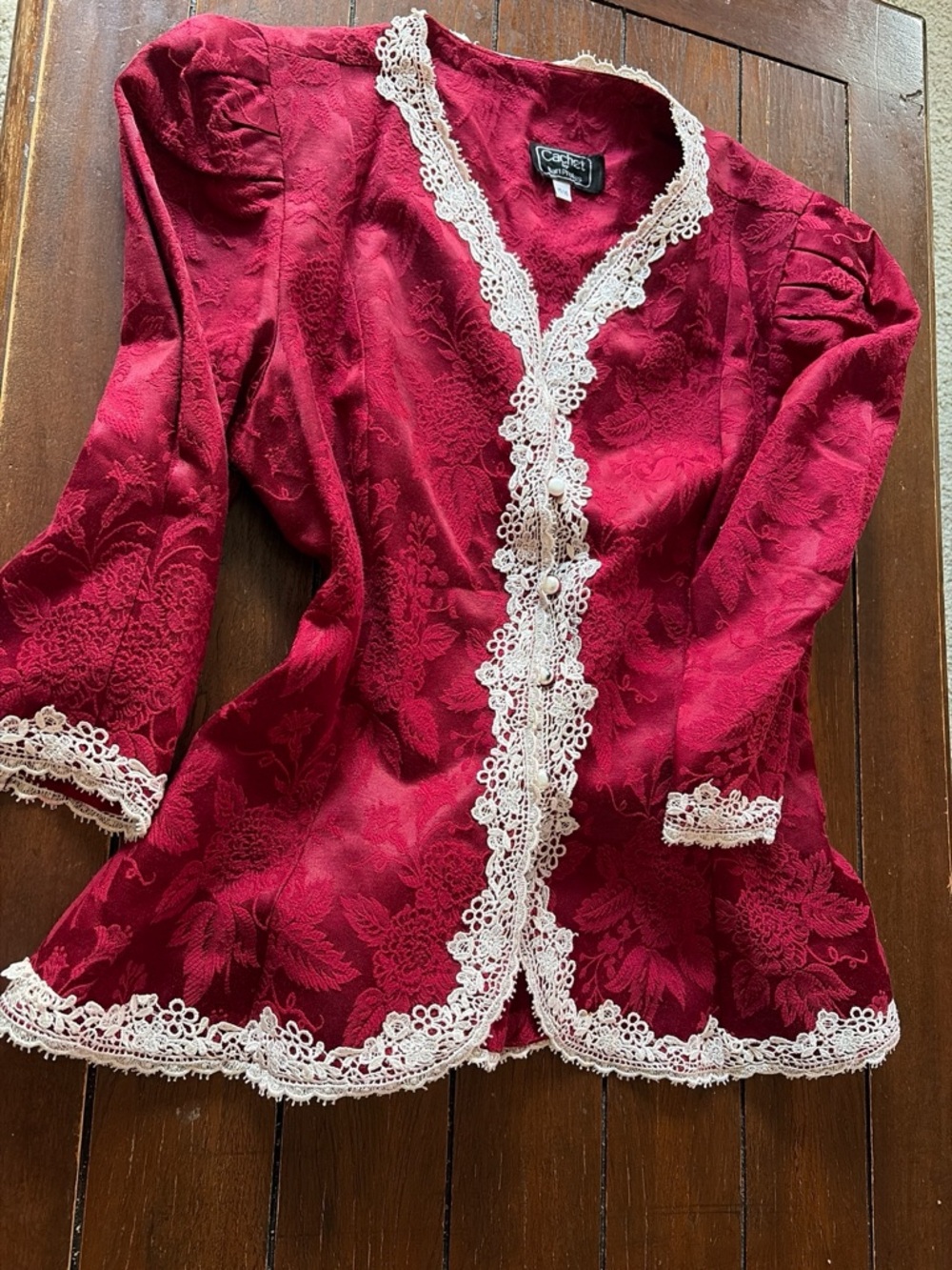 Cachet Burgundy Jacquard Jacket with Cream Lace Trim